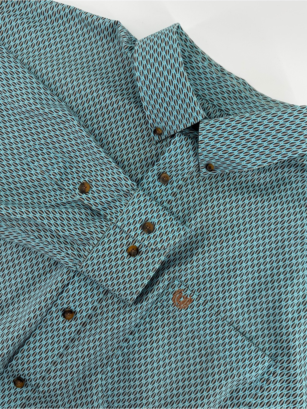 Panhandle Button Down Shirt Mens XL Teal Geometric Diamond Texas Western L/S